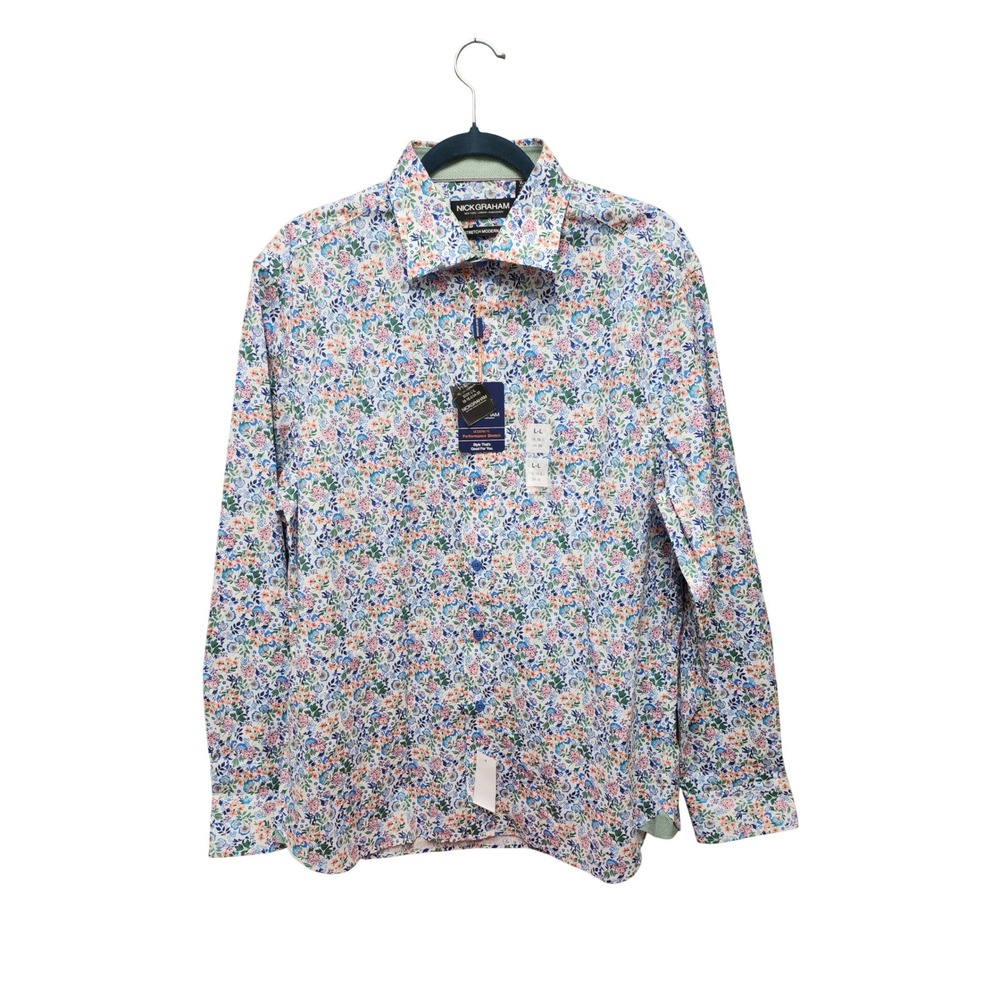 Nick Graham Mens Floral Dress Shirt Multi Color Stretch Modern Fit L
